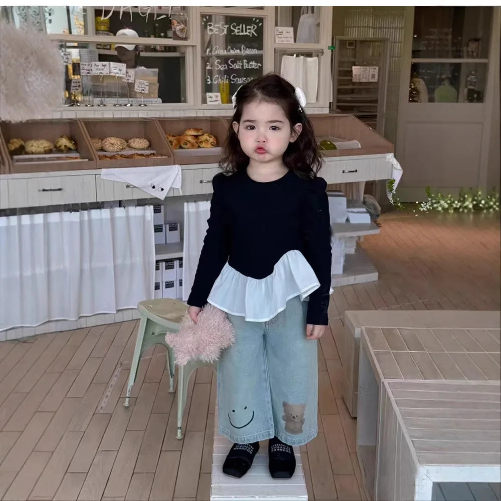 Korean Children Clothing 2025 Spring Clothing New Girls Splicing Long-sleeved T-shirt Top Girl Baby Ruffle Edge Bottoming Shirt