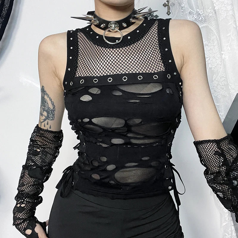 Gothic Tops Punk Tanks T-Shirt Women Sexy Fishnet Backless Steampunk Vest Clubwear for Party