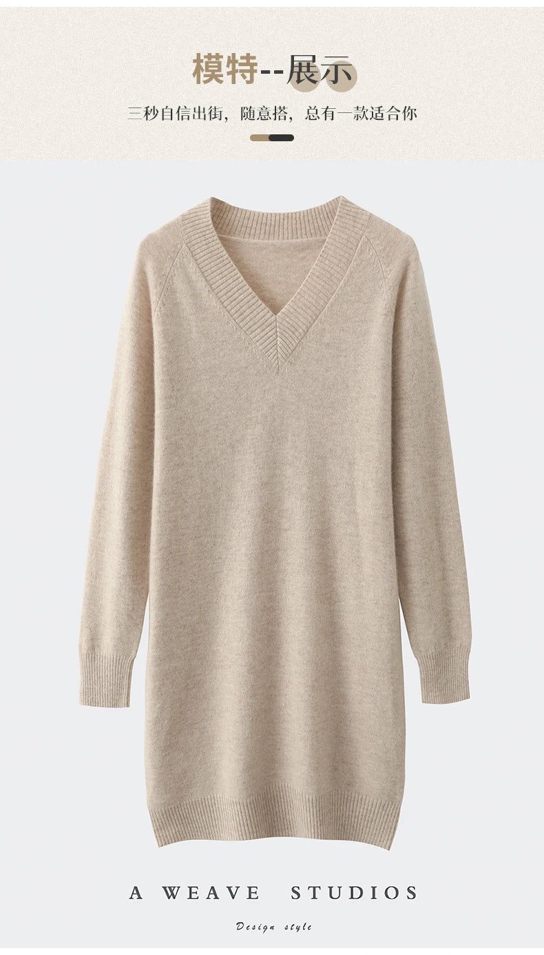 Fashion Autumn Winter Dress Women100%Merino Wool V-neck Long-sleeved Dress Women&