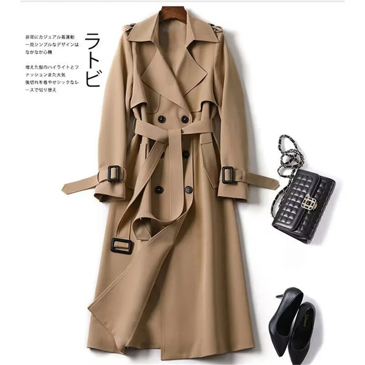 Elegant Women Fashion British Jackets Autumn Winter Widebreaker Streetwear Midi Coats Casual Office Lady Button Slim Chic Coat