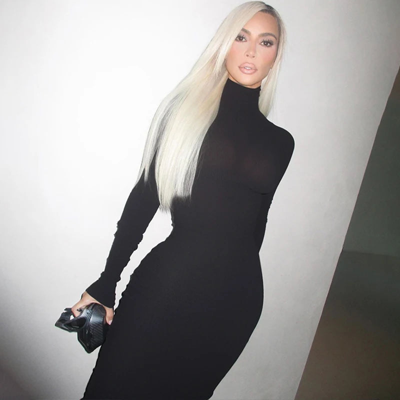 Fall Women Fashion Elegant Solid Turtleneck Long Sleeve Sexy Bodycon Maxi Prom Dress Outfit Evening Party Club