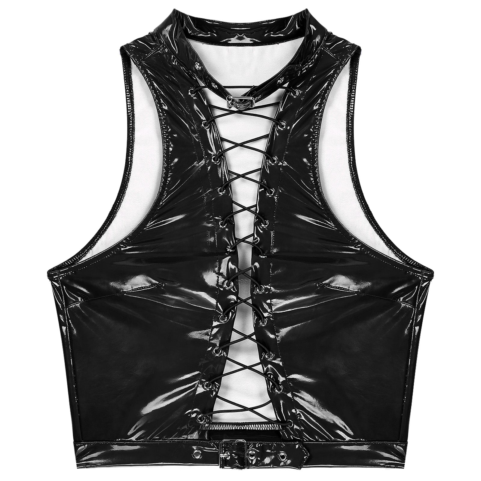 Mens Sleeveless Crop Top for Men Gothic Punk Clubwear Wet Look Patent Leather Vest Tops Hollow Out Eyelet Lace-Up Sleeveless Top