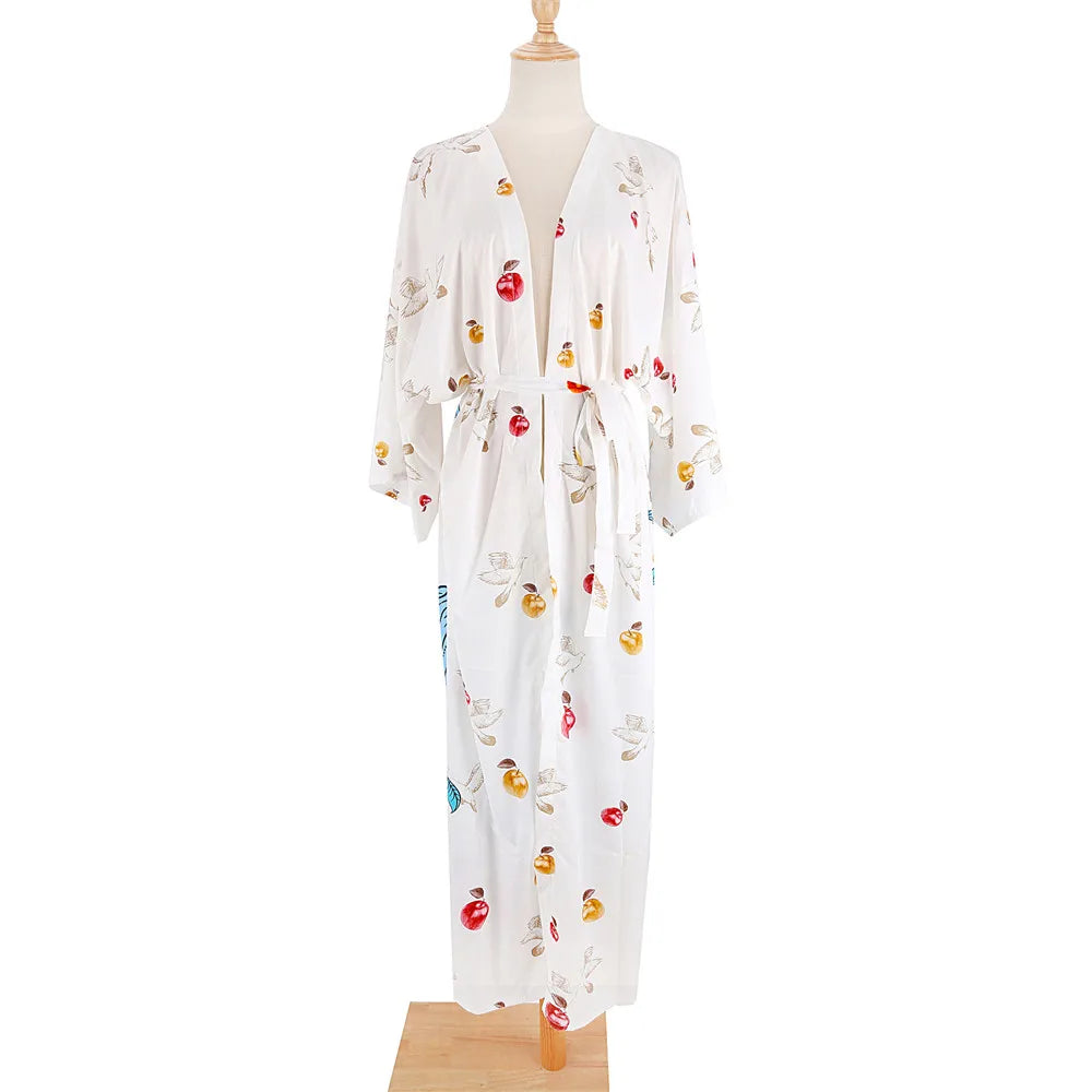 Bird Flower Print Kaftans for Woman Tunicas Femininas Beach Cover Up 2026 Summer Maxi Beach Wear Outfits Kaftan Dresses Womens