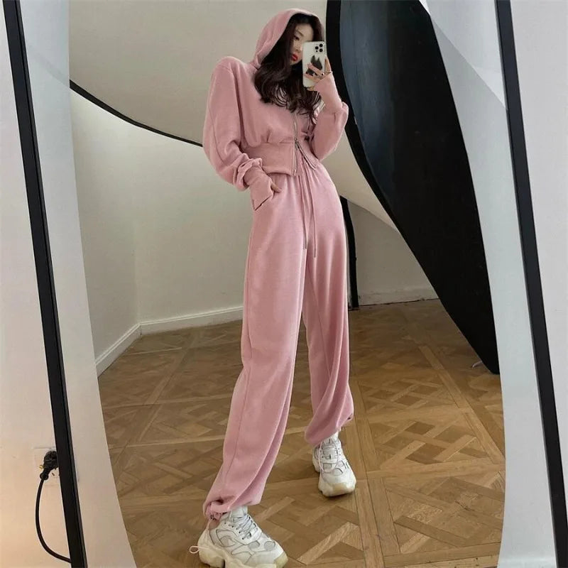 Fashion Suit for Women Spring Autumn Korean New Hooded Sweatshirt Casual Trousers Two-piece Trendy Set