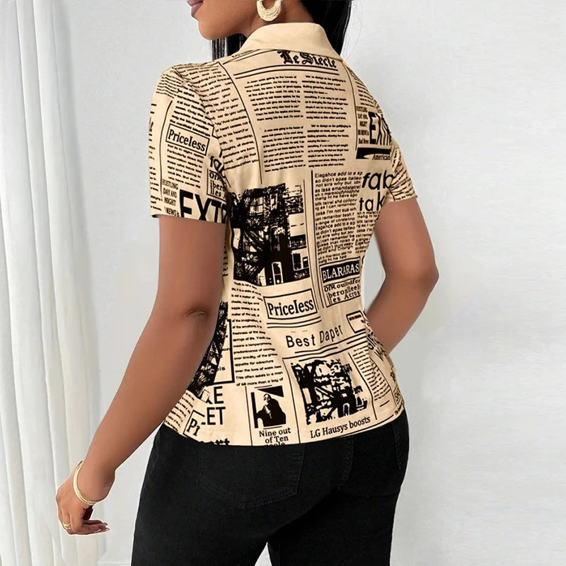 Summer Fashion Button Slim Fit Shirt Women Elegant Short Sleeve Single Breasted Letter Printed Blouses For Women Tops