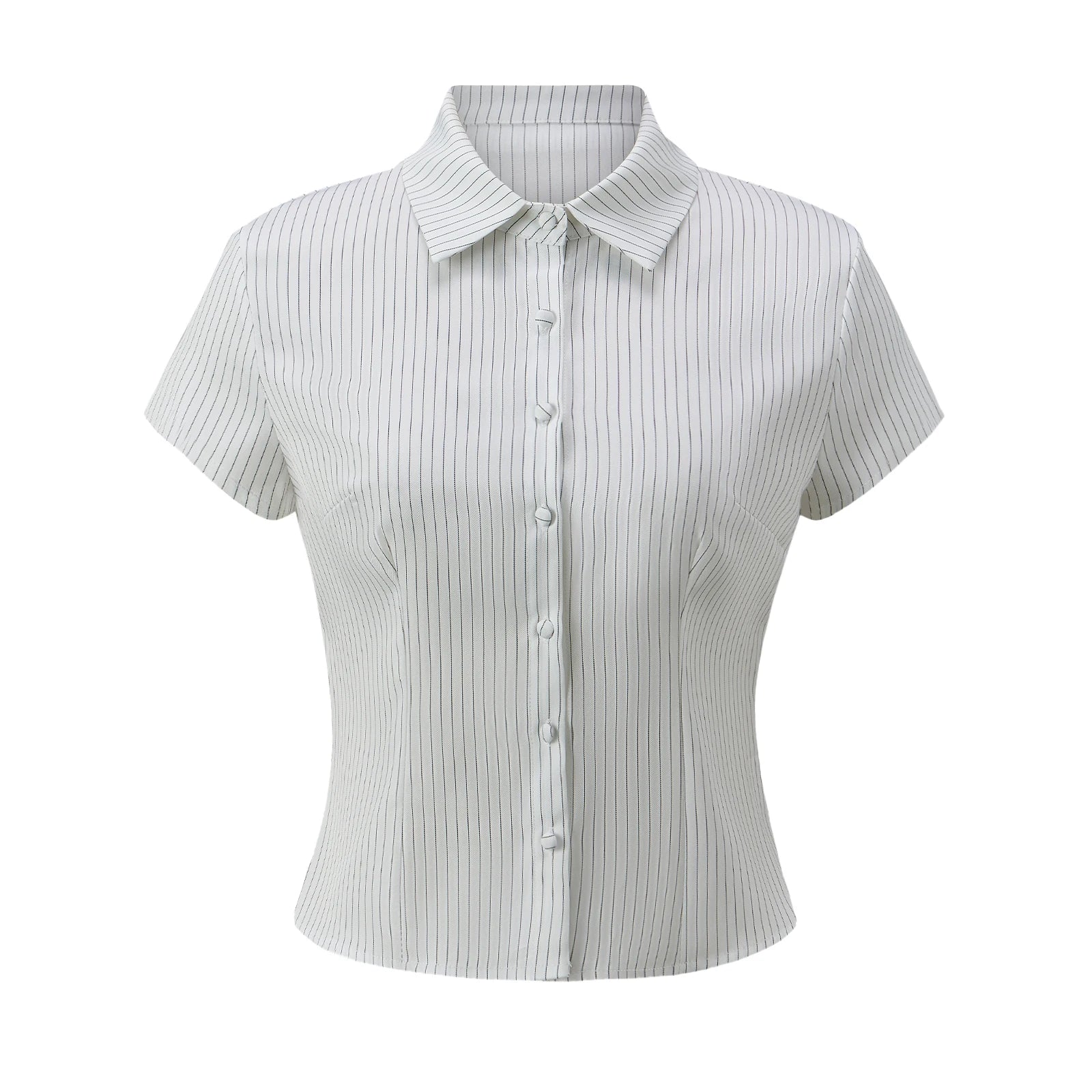 Women Button Down Slim Fit Striped Shirt Fashionable Summer Short Sleeve Turn Down Collar Tops for Casual Daily Wear