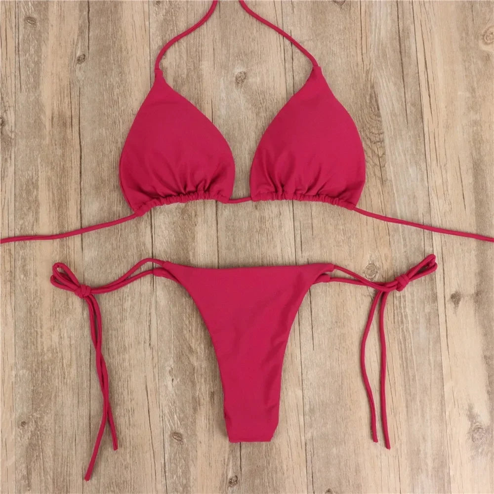 Beach Style Swimsuit for Women Sexy Halter Swimwear Solid Thong Female Bikini Set Bathing Suit Bikini Mujer Lingerie