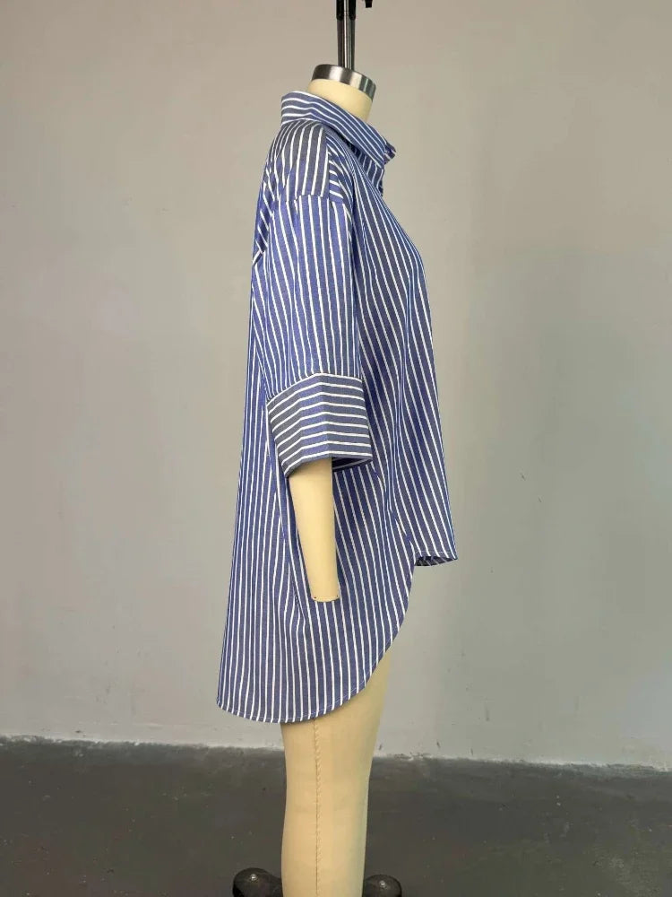 Striped Oversized Button Down Shirts for Women with Wide Three Quarter Sleeve and High Low Hem for Casual Office or Weekend Wear