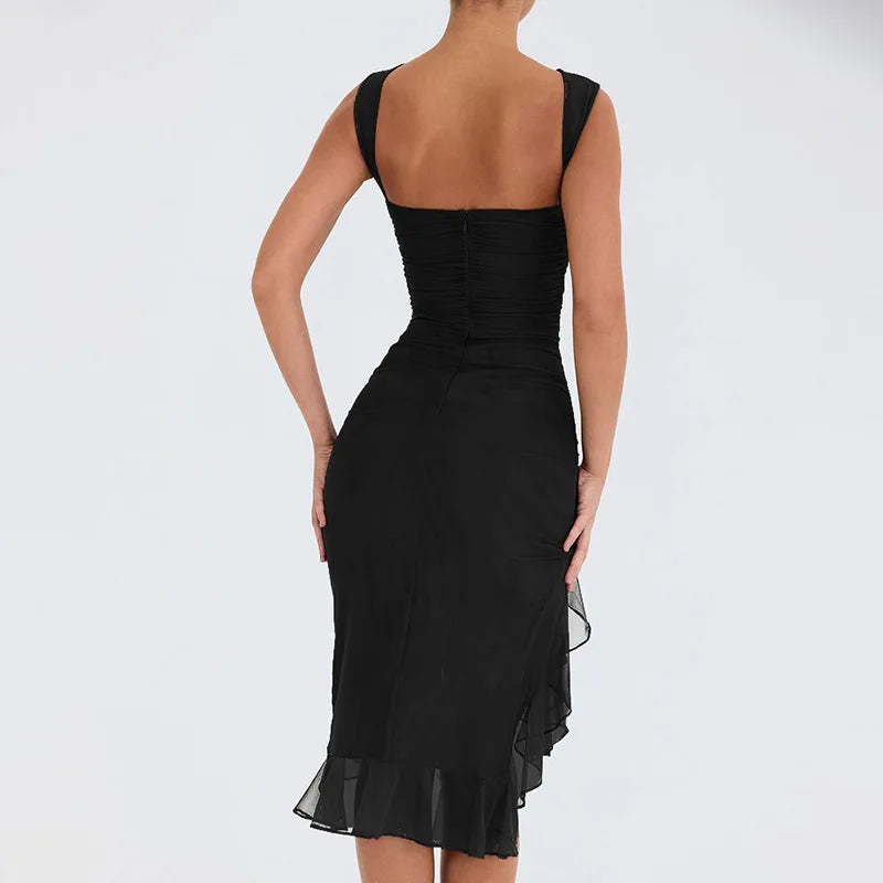 2025 Spring And Summer Sleeveless Dresses Women New Fashion Mesh Tight Solid Color Elegant Temperament Irregular Hem Vestidos