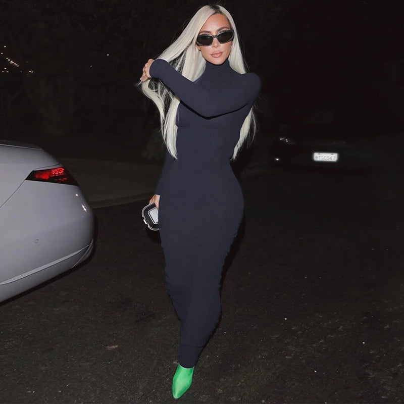 Fall Women Fashion Elegant Solid Turtleneck Long Sleeve Sexy Bodycon Maxi Prom Dress Outfit Evening Party Club