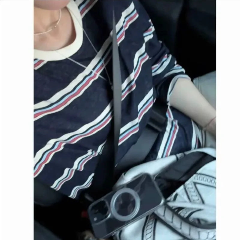 Women Clothes Spring Autumn Fashion Simplicity All-match Striped Color Blocking O-neck Ladies Appear Thin Lazy Wind Long Sleeve