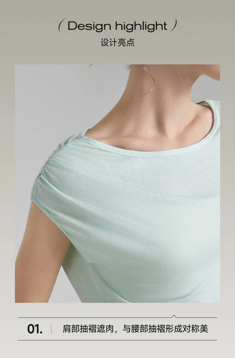 Sleeveless Pleated Cover Shirt with Drawstring, Tight Waist, High-end Feeling, Breathable and Slimming Sports T-shirt