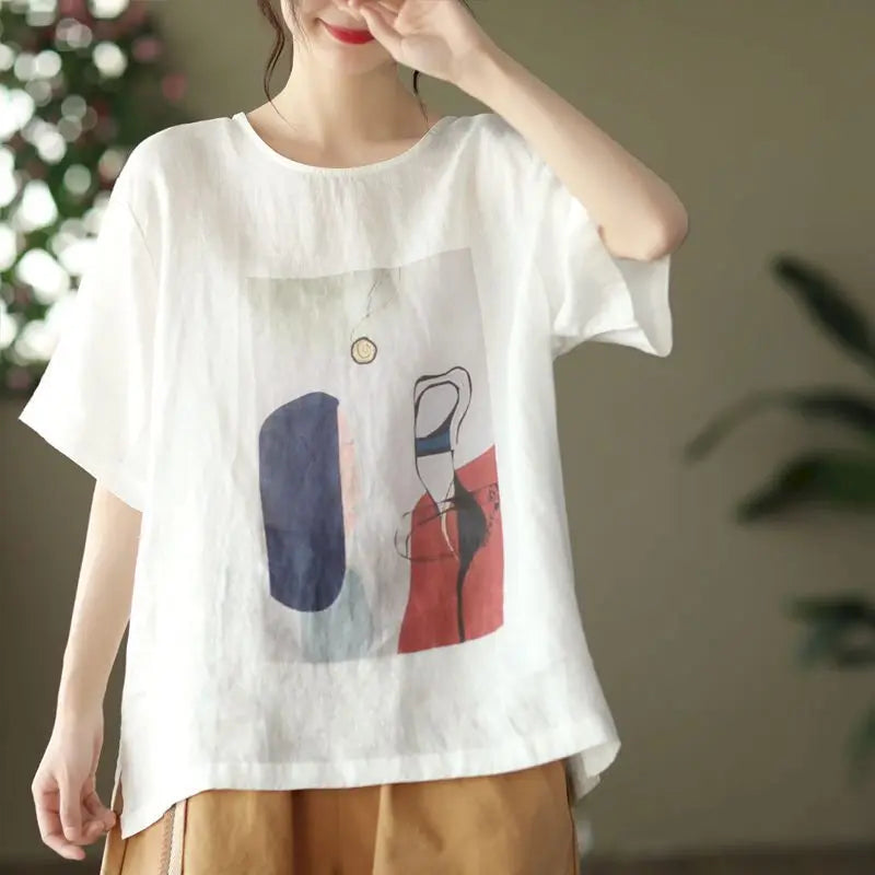 Cotton Linen T Shirts Women Fashion Vintage Art Printed T-shirt Casual Loose O-neck Short Sleeve Tops Summer Trend Thin Tshirt