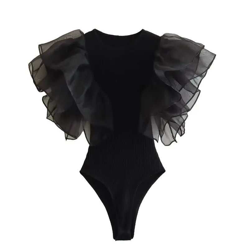 DUOPERI Women Fashion Black Ruffled Sleeveless Tops Bodysuits O-Neck Female Chic Lady Casual Tight Jumpsuit