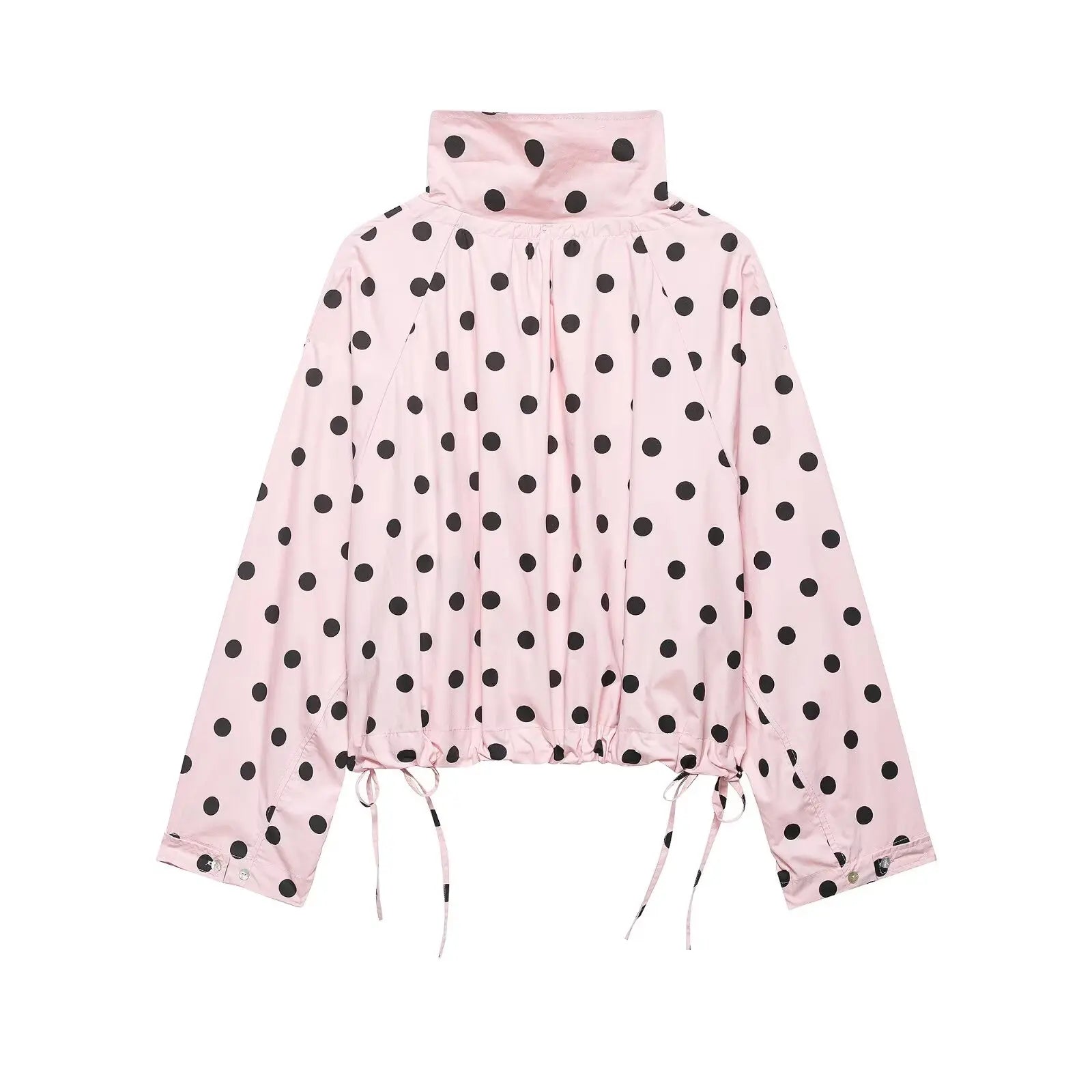 HH Women Elegant Fashion Polka Dot Pink Jacket Single Breasted High Collar Drawstring Coat Spring Lady Trend Street Outwear