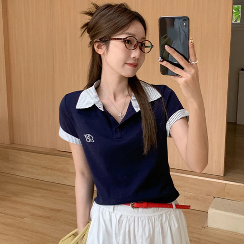 Chic Spliced Striped Lapel Short Sleeve T-Shirts Women Stylish Embroidery Buttons Navy Blue Tees Preppy Style Skinny Slim Tops