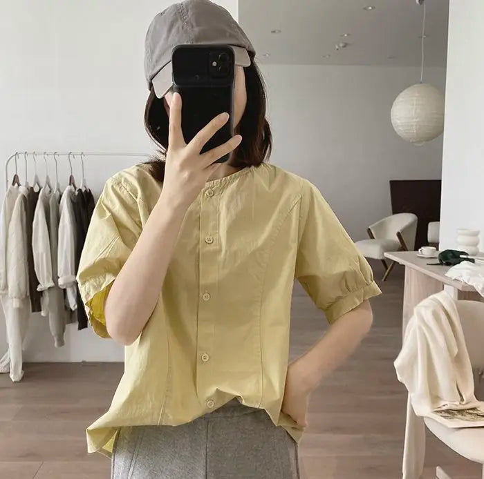 Women Round Neck Blouse Short Sleeve Button Down Loose Casual Solid Color Summer Shirt