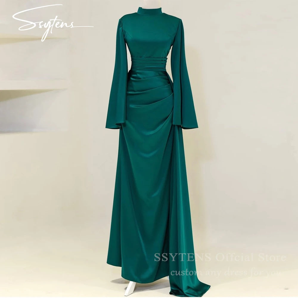SSYTENS High Collar Muslim Evening Dresses Ruched Dubai Long Sleeves Prom Dresses Pleats Modest Arabia Party Gowns Customized