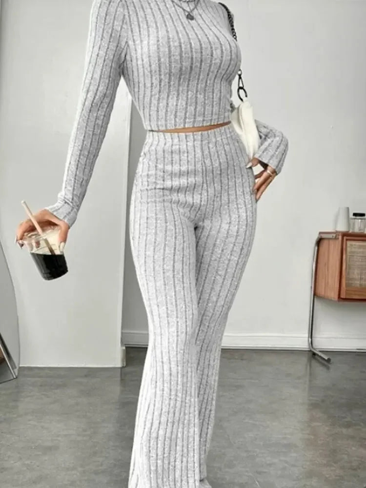 Women Fashion Solid Color Streetwear Autumn Winter Elegant Round Neck Tops Loose Pants Suit Casual Holiday Sport Two Piece Sets