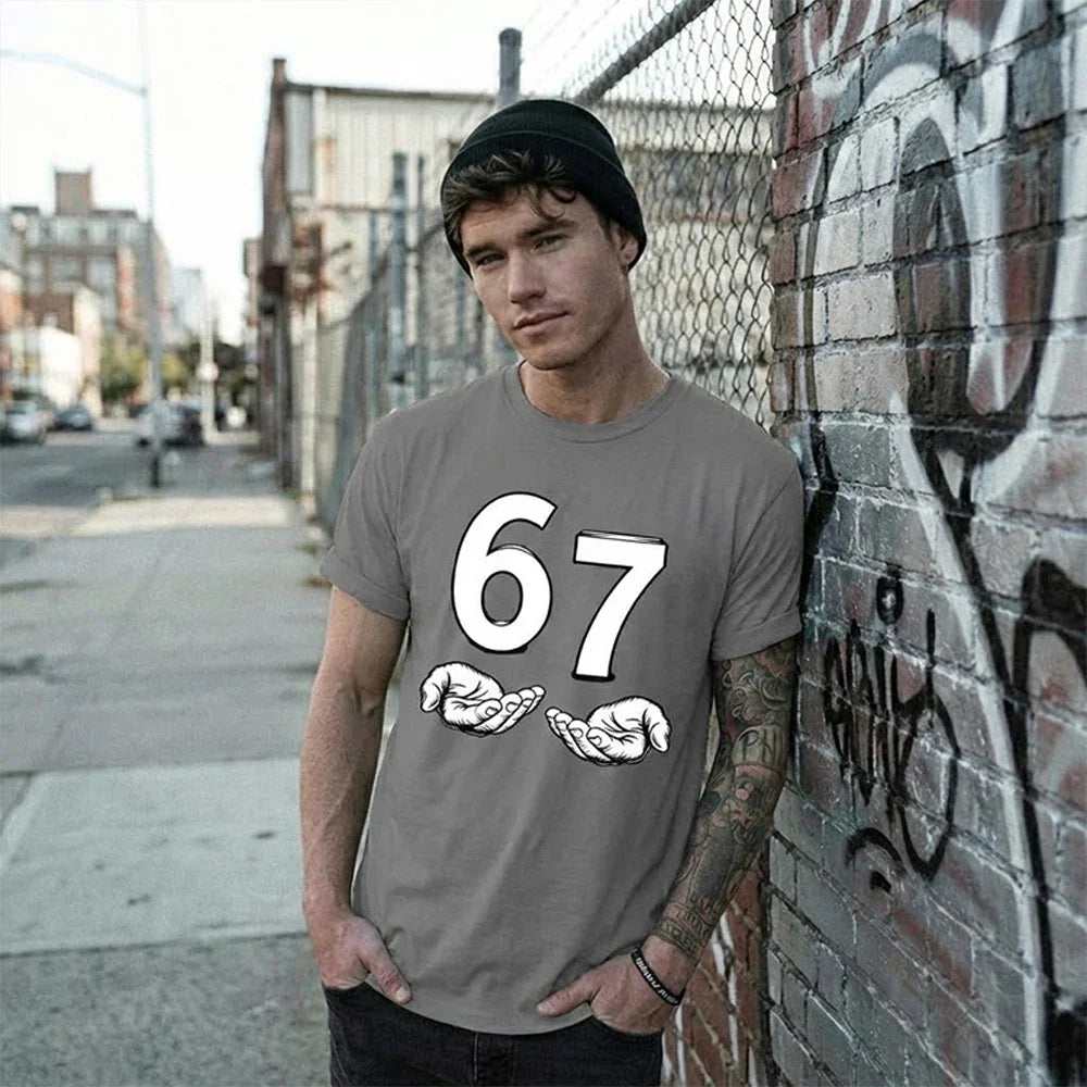 European And American Men T-Shirts Funny Six Seven 67 Meme Gen Alpha Slang 67 Hands Retro Cotton Comfort Short-Sleeve T-Shirt