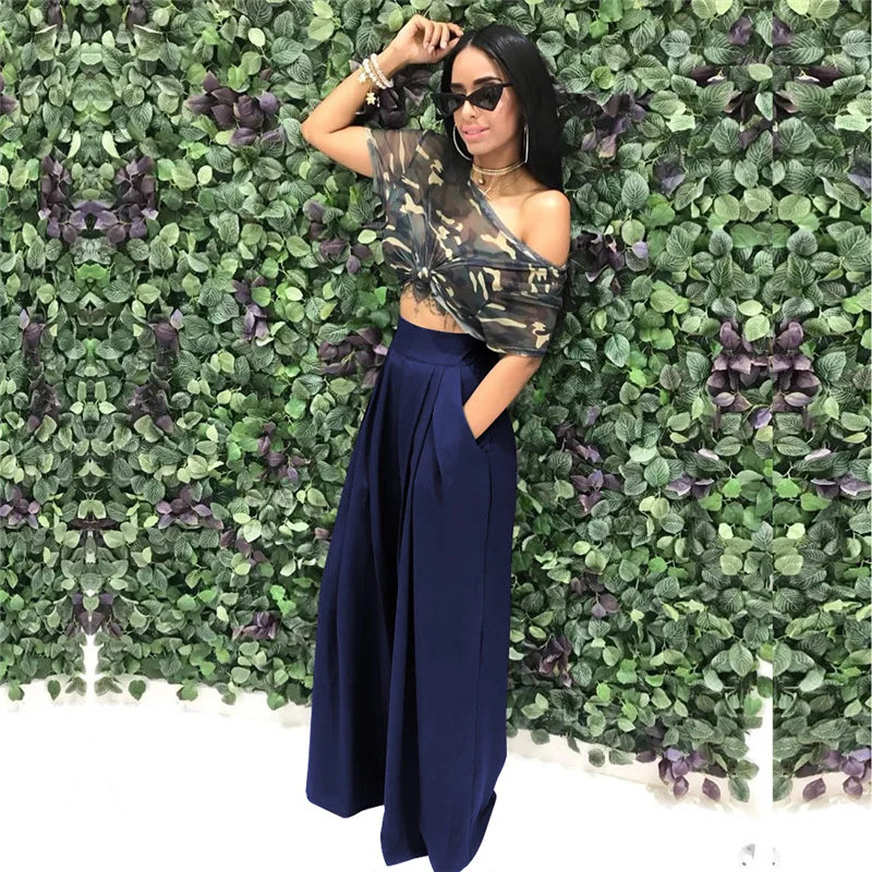 Women Casual Loose Palazzo Pants Autumn High Waisted Wide Leg Trousers Pleated Long Culottes Pants Elastic Waist Trouser Pockets