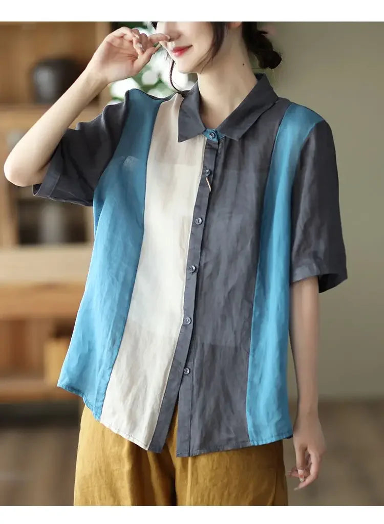 Cotton and Linen Shirt for Women Fashionable and Versatile Cardigan Lapel Top Thin Blouse Patchwork Casual Chic Female Clothes