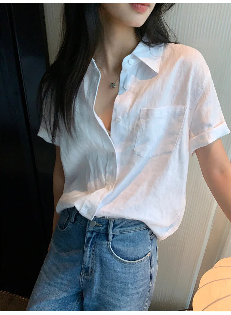 Linen Short-sleeved Shirt Women&