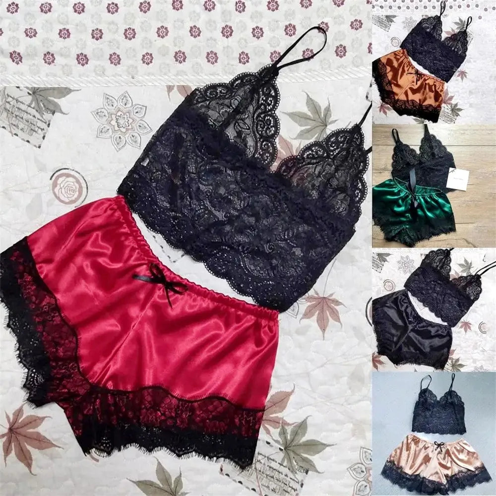 Women Pajamas Set Sexy Satin Lace Sleepwear Lingerie Ladies Elastic Suspender Shorts Nightwear Suits Sleeveless Underwear Tops