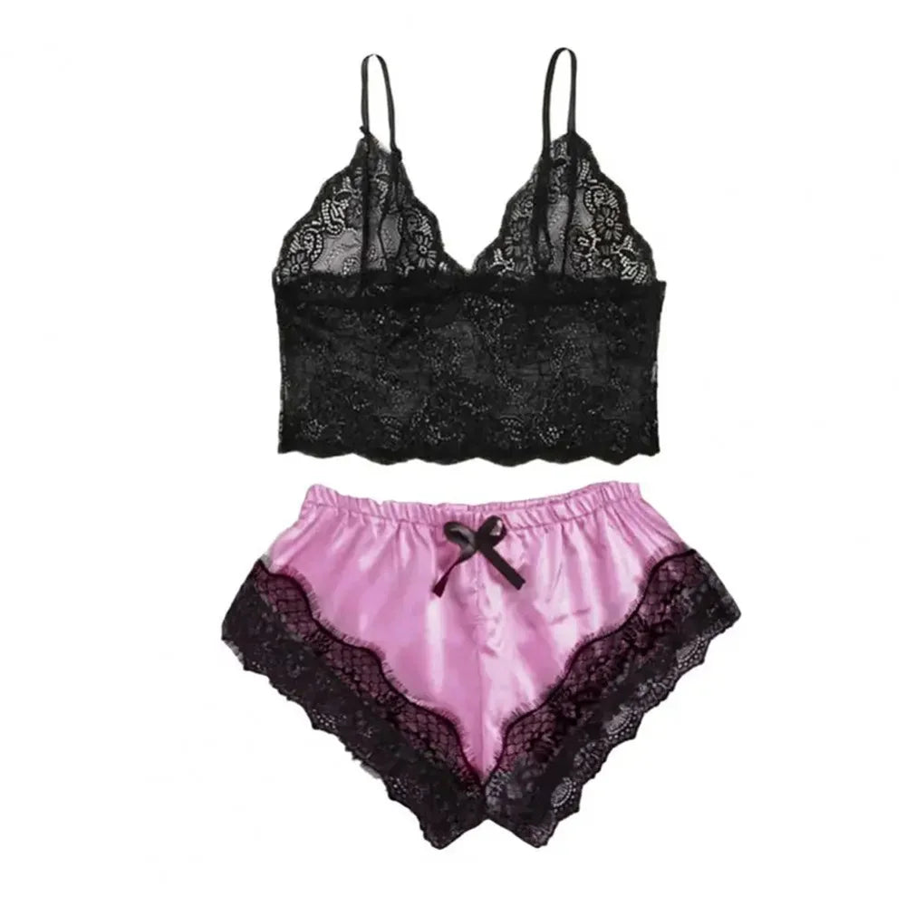 Women Pajamas Set Sexy Satin Lace Sleepwear Lingerie Ladies Elastic Suspender Shorts Nightwear Suits Sleeveless Underwear Tops