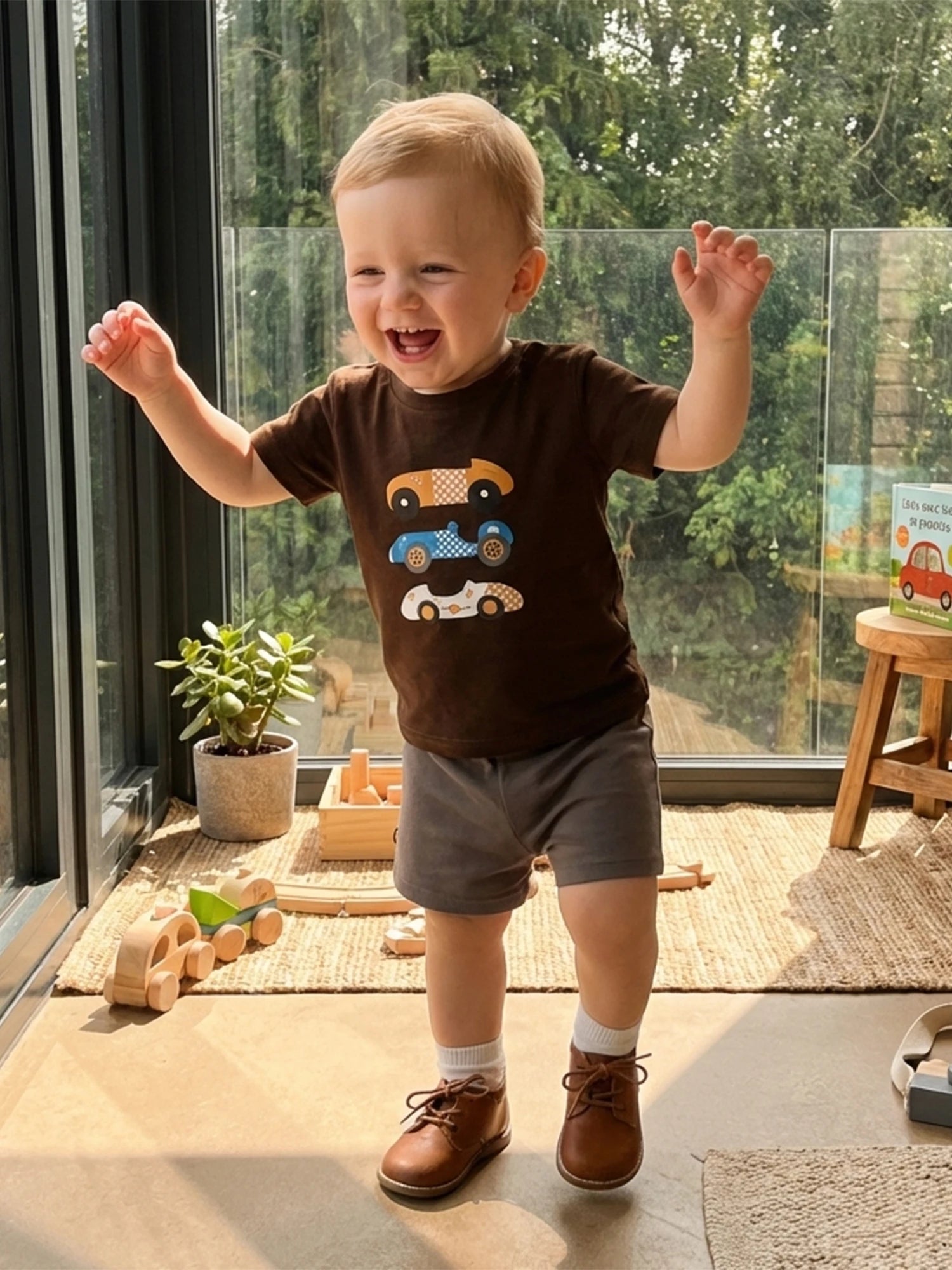 Kids Boys Summer Clothing Sets Short Sleeve O Neck Race Car Print T-shirts Tops and Solid Color Shorts Casual Tracksuits