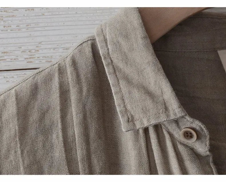 Linen Short Sleeved Shirt for Men, Trendy Japanese Retro Solid Color Summer Thin Casual Loose Cool Shirt Top