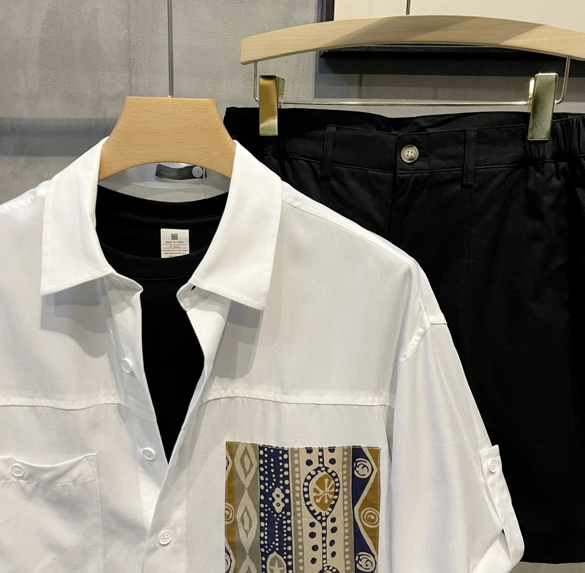 Short Sleeve With Pocket Male Shirts Button Up Print Loose Men&