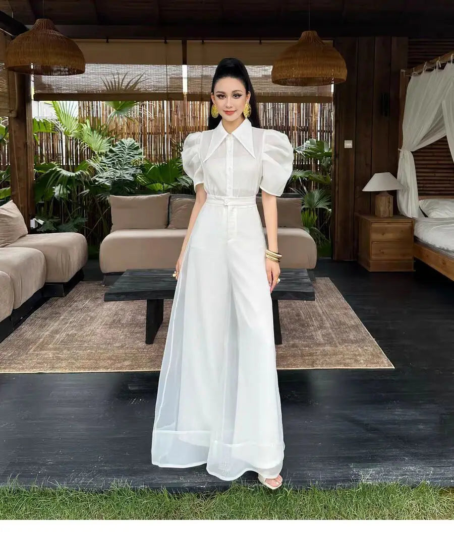 New Fashion Organza Wide Leg Palazzo Pants Women Elegant Summer High Waist Solid Color Office Lady Trousers Clothing