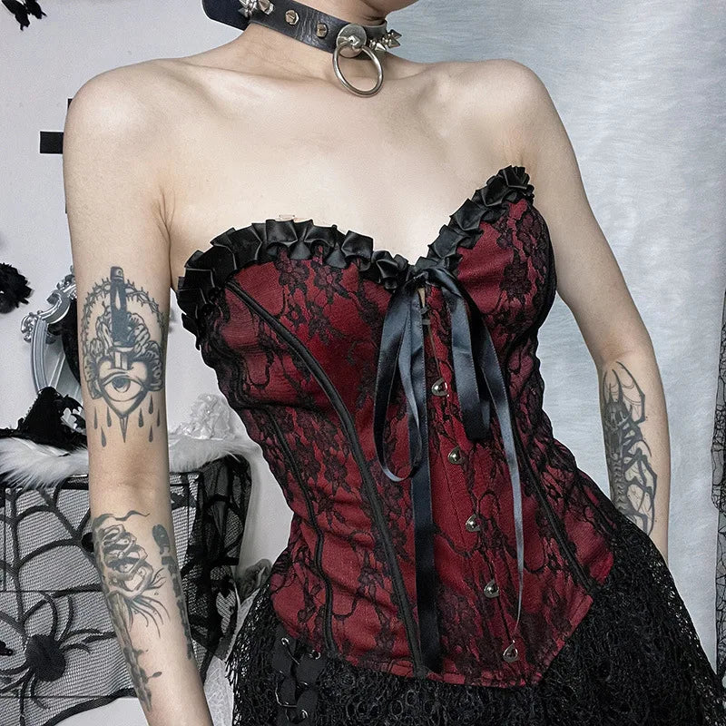 Tube Top Gothic Printed Lace Trim Sleeveless Metal Buttons Lace-up Corsets Tank Top Court Elegant Fairy Grunge Top