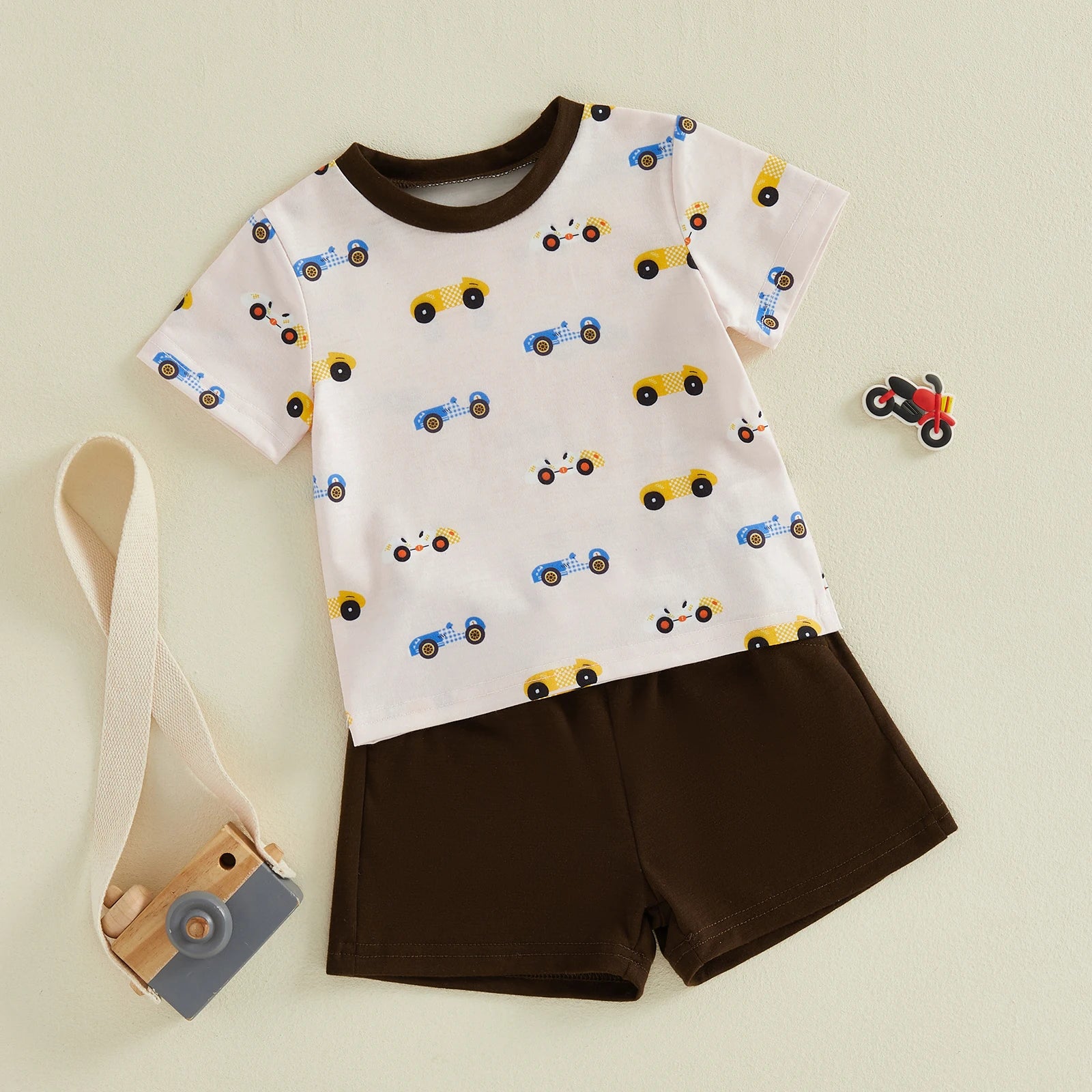 Kids Boys Summer Clothing Sets Short Sleeve O Neck Race Car Print T-shirts Tops and Solid Color Shorts Casual Tracksuits