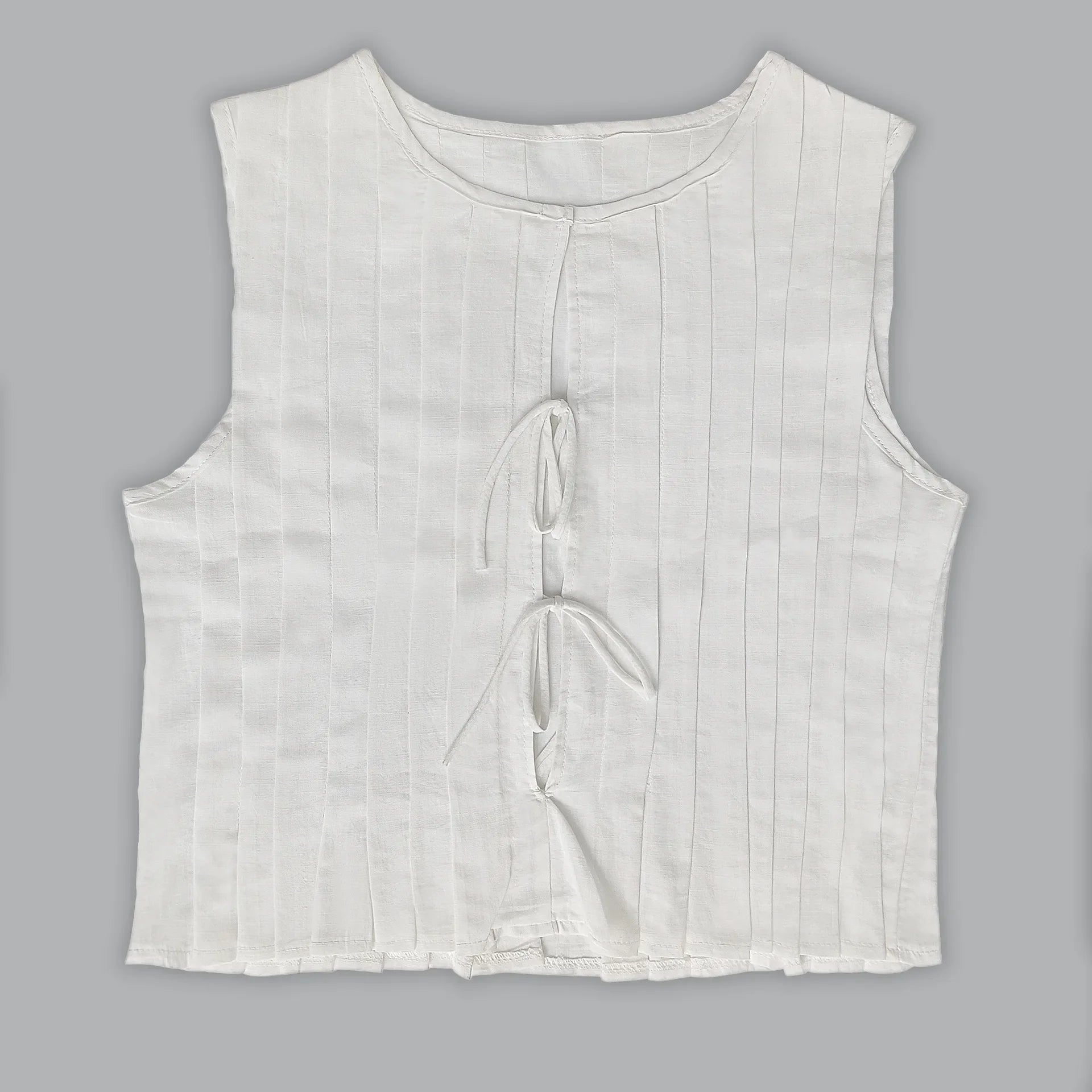 Fashion Bow Lace Up Shirts Women Cotton Linen Hollow Out Sleeveless Pleated Blouses Woman 2025 Summer New Casual Lady White Tops