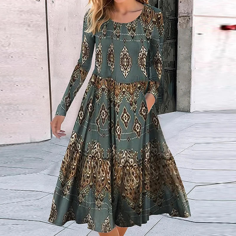 Fashion Bohemian Dresses For Women O Neck Long Sleeve Vintage Print Maxi Long Dress Women Elegant Autumn Dress