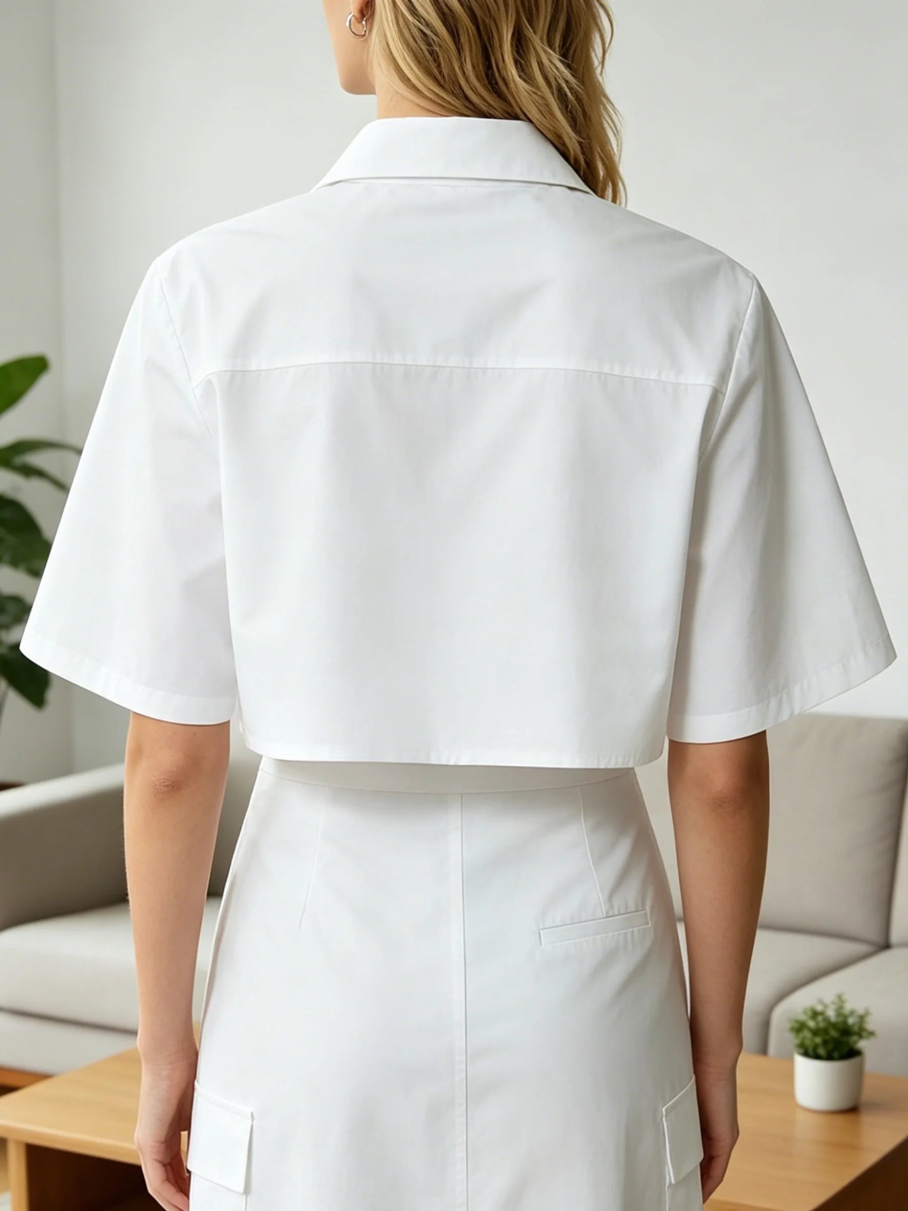 Cropped Button Down Shirt for Women Short Sleeve Collared Blouse with Flap Pockets Casual Office Streetwear Summer Crop Top