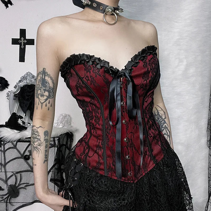 Tube Top Gothic Printed Lace Trim Sleeveless Metal Buttons Lace-up Corsets Tank Top Court Elegant Fairy Grunge Top