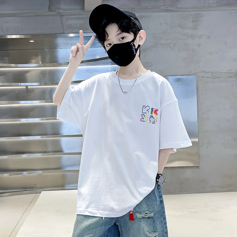 Kids Summer Clothes T-shirt for Boy Short Sleeve Cotton Tshirt Outfits Teenage Children Cartoon Print Clothing Age 5 To 14 Years