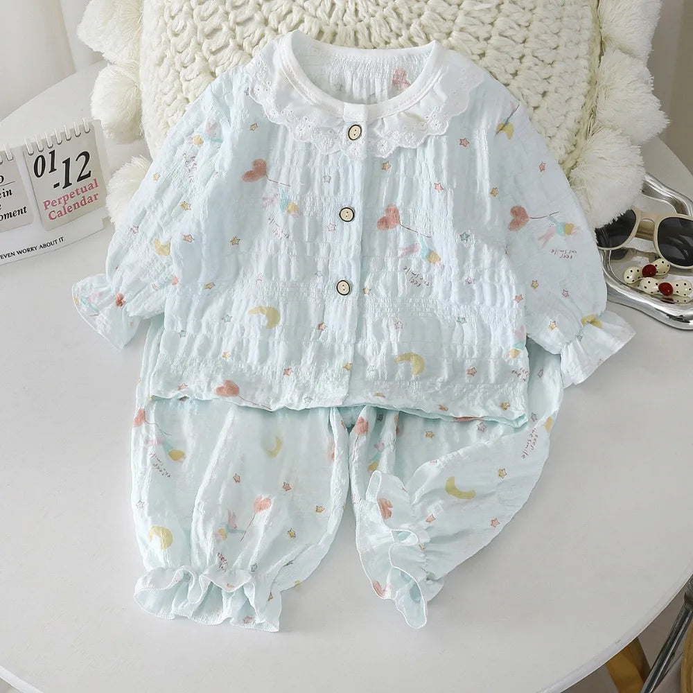 Summer Child Clothing Sets in Air-conditioned Room Girls Breathable Comfortable Long Sleeve Lace Home Clothes Sets Kids Pajamas