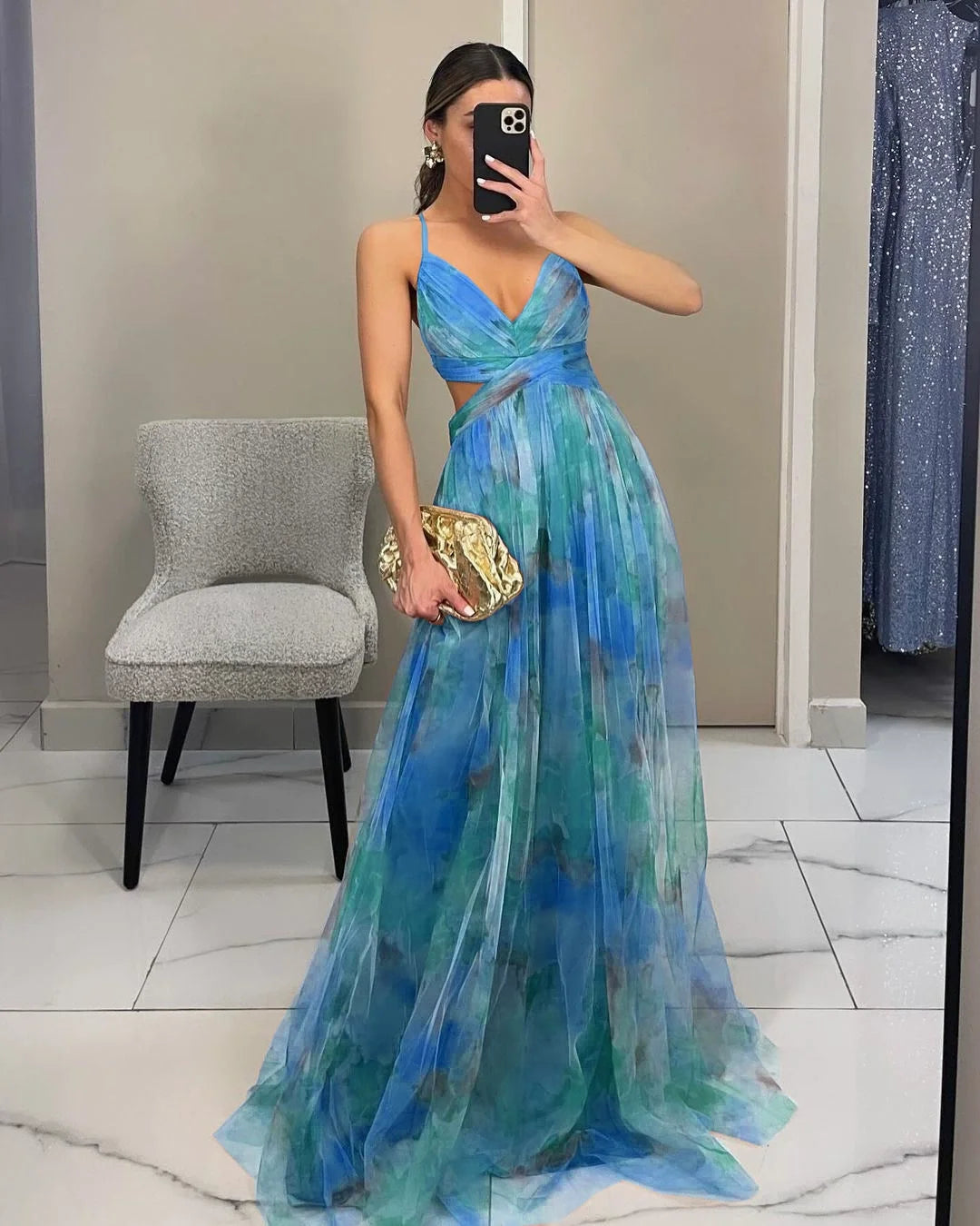 Women‘s Fashion Spring Autumn New Mesh Floral Print Beautiful Party Dress ladies Halter Dress INS Holiday Casual Long Dress