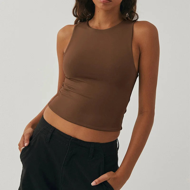 Sleeveless tight bottom shirt, round neck I-shaped solid color top, casual vest