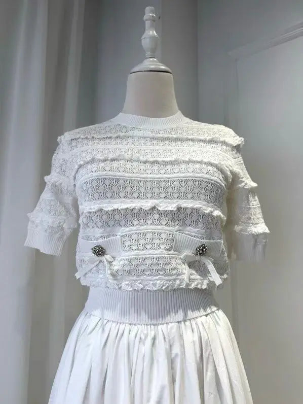 Women White Fashion Set short sleeve knit sweater tops + high waist fashion midi skirt
