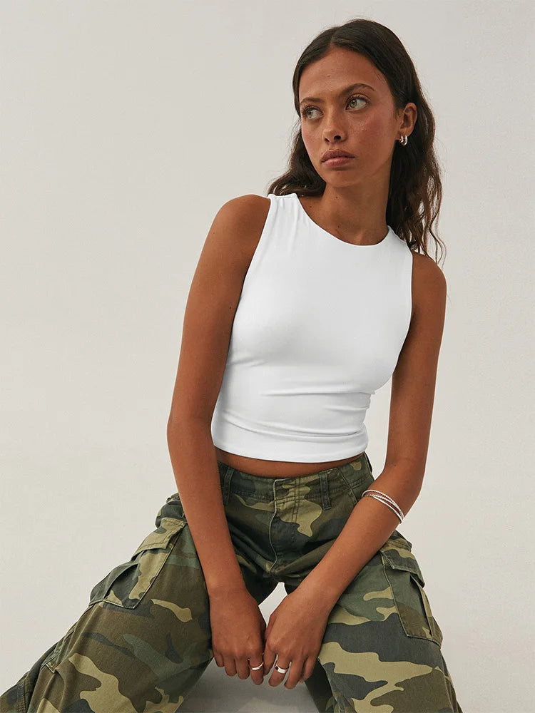 Sleeveless tight bottom shirt, round neck I-shaped solid color top, casual vest