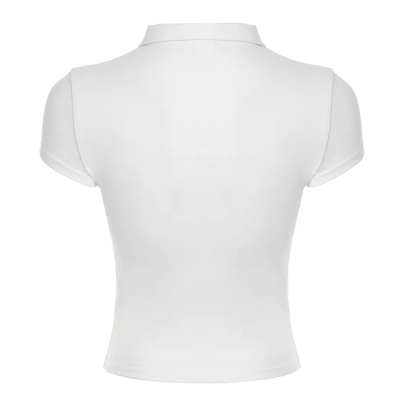 Turn-down Collar T Shirts For Women Streetwear Short Sleeve Crop Top Y2k Clothes Buttons Tshirt Solid Camisetas Slim Ropa Mujer