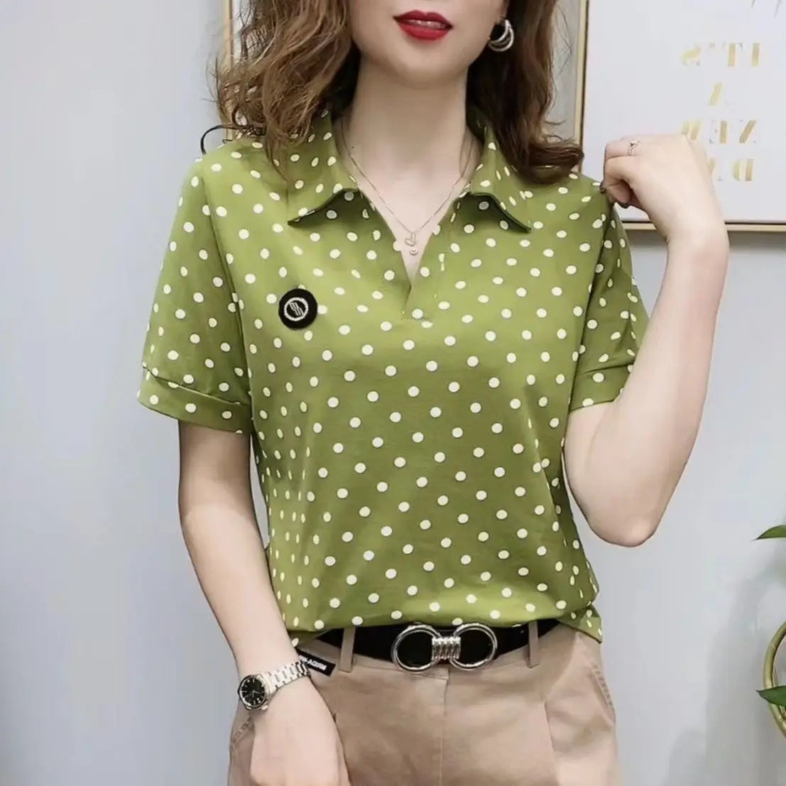 Polo Neck Shirts for Women Short Sleeve Tee T-shirt Woman Flower Clothing Aesthetic with Collar Tops Youth Luxury Sale V Cute