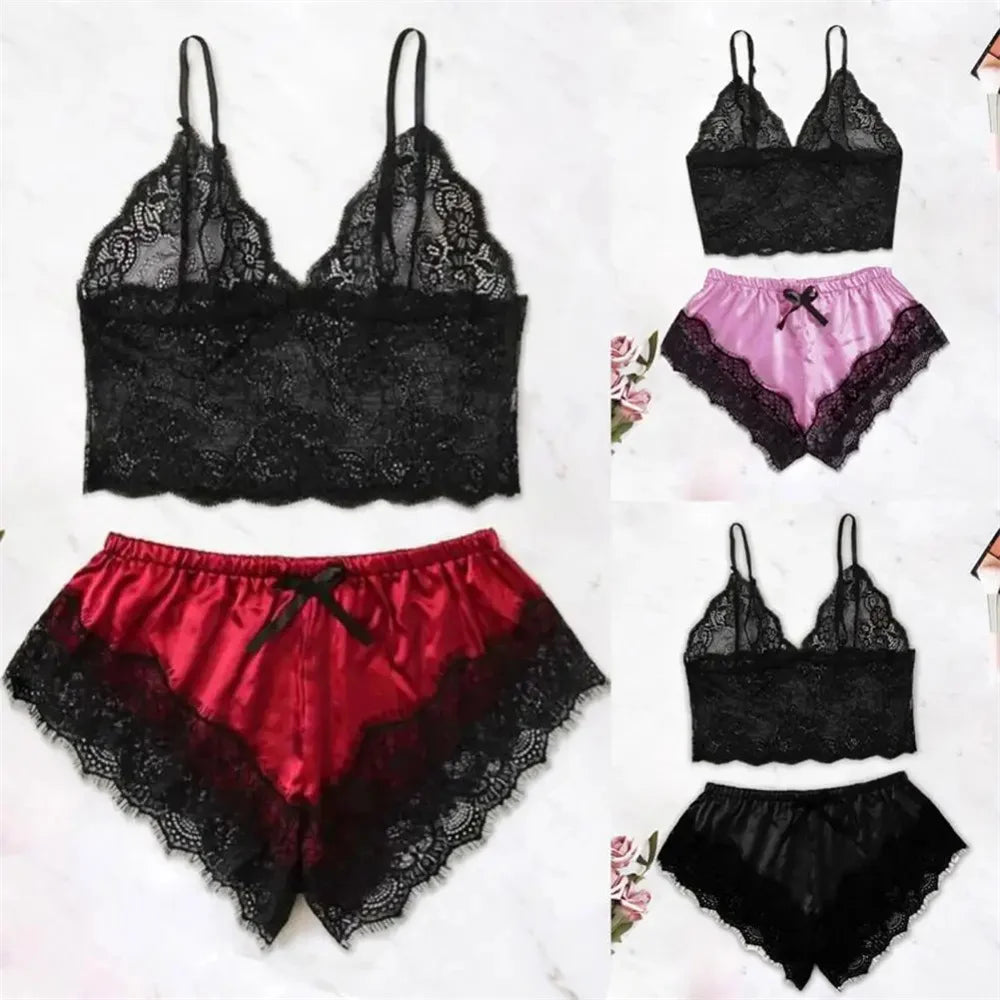 Women Pajamas Set Sexy Satin Lace Sleepwear Lingerie Ladies Elastic Suspender Shorts Nightwear Suits Sleeveless Underwear Tops