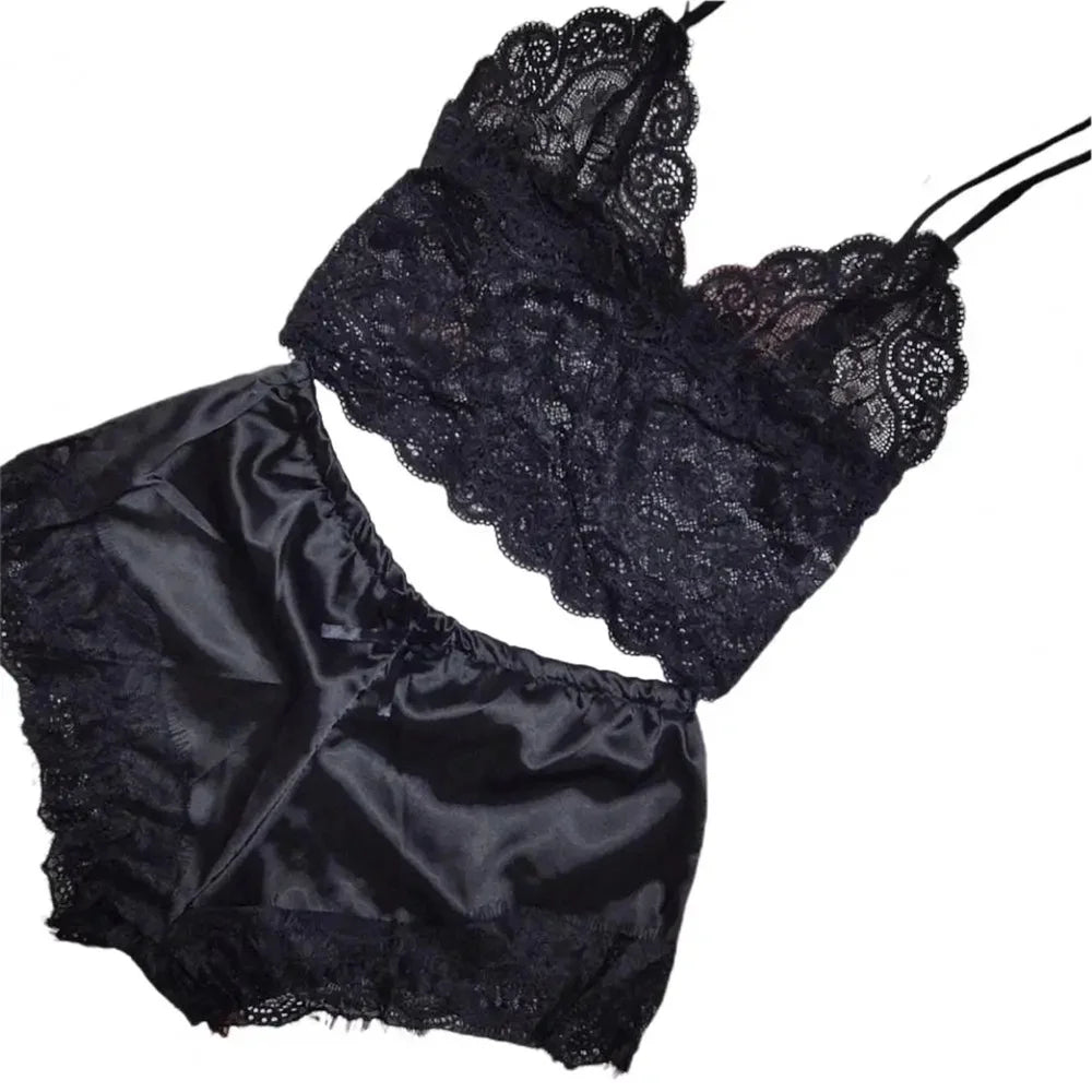 Women Pajamas Set Sexy Satin Lace Sleepwear Lingerie Ladies Elastic Suspender Shorts Nightwear Suits Sleeveless Underwear Tops