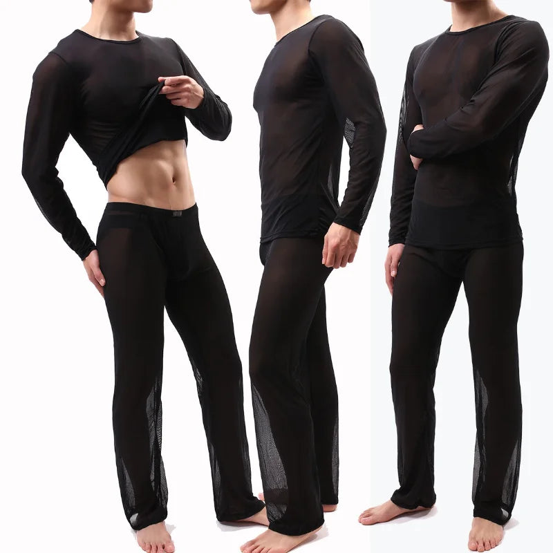 Sheer Pajamas for Men Sexy Mens Sleepwear See Through Loungewear Couples Pajamas Set Mesh Sleepwear